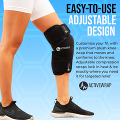 Easy to use reusable knee ice pack applied to a fit girls leg. Used to treat knee swelling after surgery or injury by Active Wrap. Heat and Ice Therapy Wrap
