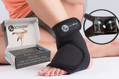 The image shows a black ActiveWrap foot and ankle heat and ice wrap. It includes a picture of the product in use on an ankle, the packaging box, and details of the ice packs within the wrap.